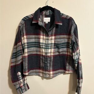America Eagle Women’s Small Crop Plaid button down Shacket cotton‎ green blue
